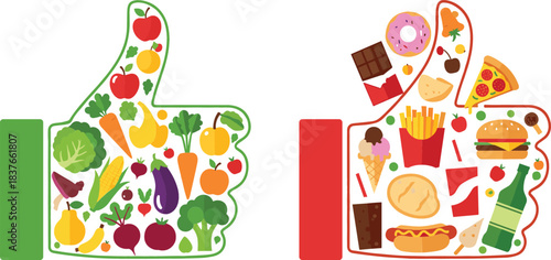 Conceptual Thumbs Up Vector Contrasting Healthy Fruits and Vegetables with Unhealthy Fast Food, Representing Diet Choice and Nutrition Lifestyle