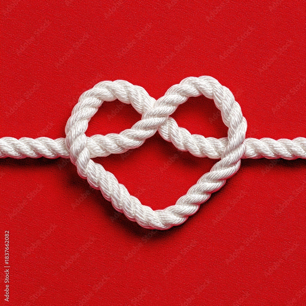 Fototapeta premium White rope heart knot centered on bright red textured background, romantic love
