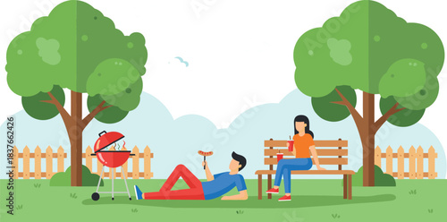 Happy Couple Enjoying an Outdoor Barbecue Picnic in a Sunny Park with Grill and Trees, Representing Summer Leisure and Weekend Relaxation