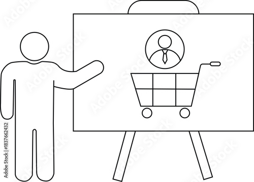 Minimalist illustration of person presenting e-commerce concept on board