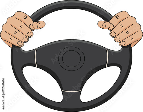 Vector Illustration of Driver's Hands Gripping a Black Steering Wheel, Icon for Driving, Vehicle Control, Transportation, or Auto Service