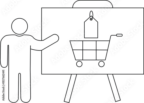 Minimalist illustration of person presenting e-commerce concept on board