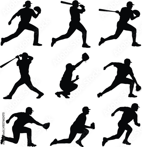 Baseball Player Action Silhouette Set