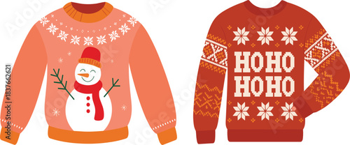Vector Illustration Set of Ugly Christmas Sweaters, Featuring Snowman and Ho Ho Ho Text, Knitted Patterns for Holiday and Party Fashion