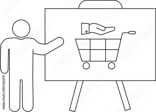 Outline depicts a figure presenting a board with a shopping cart and hand graphic