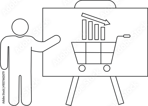 Outline depicts a presenter beside a chart showing falling sales in a shopping cart