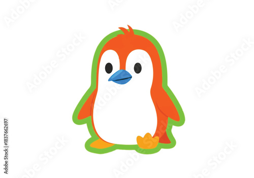 Cute Cartoon Penguin with Orange and Green Outline.