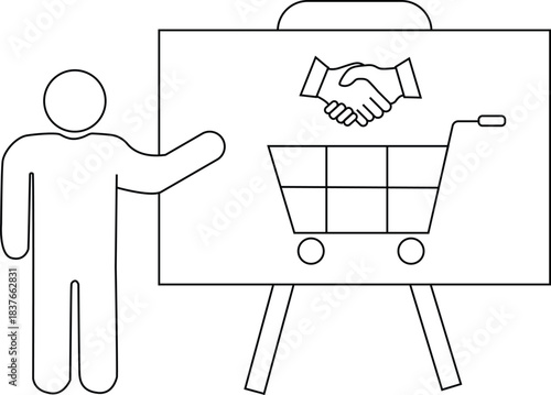 Presentation shows stick figure handshake atop a cart on a stand