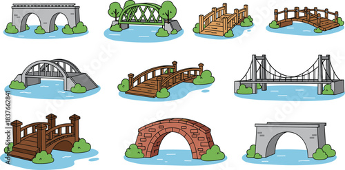 Beautiful collection of cartoon-style bridge illustrations, showcasing various architectural designs including stone arch, truss, suspension, and wooden garden bridges over water 