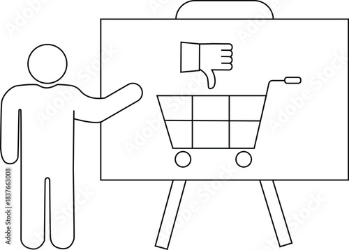 Stick figure presents a whiteboard with a shopping cart and thumbsdown icon