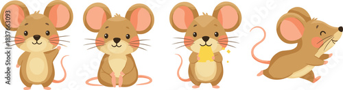 Cute cartoon little mouse character set in different poses, including standing, sitting, eating yellow cheese, and running, vector illustration perfect for children's books and fun animal themes.