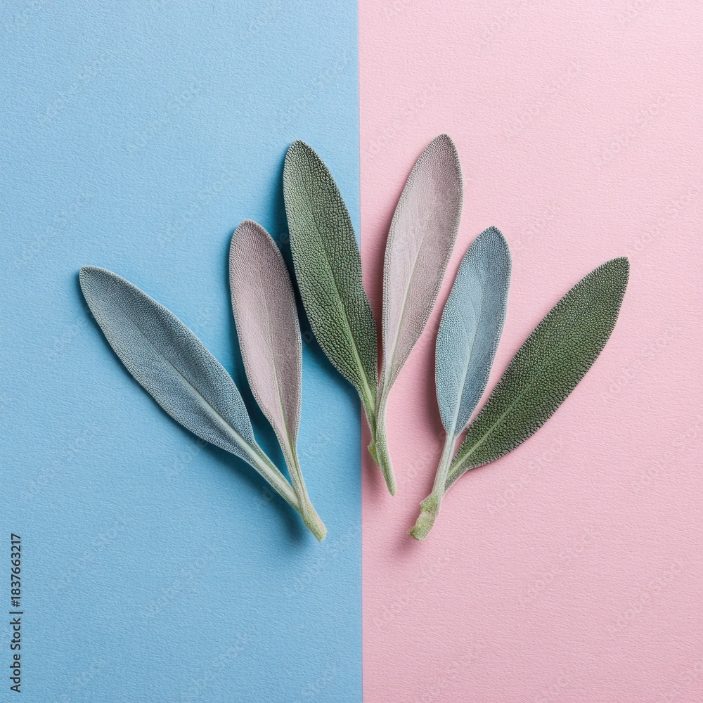 Obraz premium Sage leaves on pastel blue and pink backgrounds. Soft, minimal aesthetic