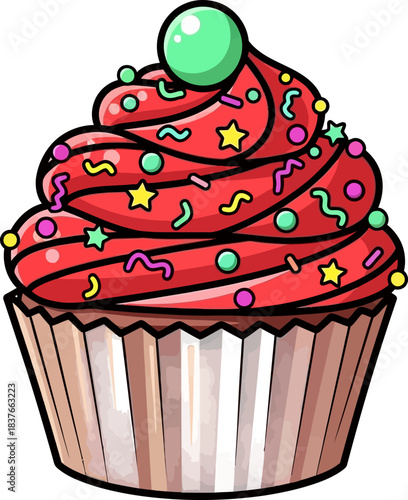 Festive Red Cupcake with Sprinkles and Green Topping.