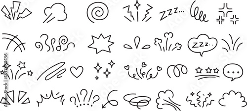 Manga doodle expression. Line comic anime Japanese elements, cartoon movement, emphasis and exclamation, dizzy and angry, shock lightning emotion funny effect black and white line art