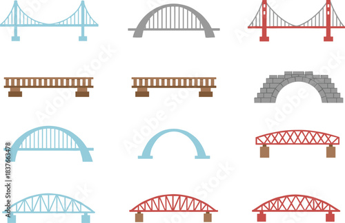 Diverse Set of Architectural Bridge Icons, Vector Outline Illustrations: Suspension, Arch, Truss, Beam, and Masonry Designs; Engineering and Transportation Infrastructure Collection, Isolated Art.