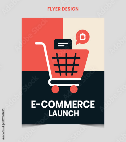 E commerce launch flyer design with shopping cart icon and notification bubble