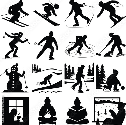 Winter Sports and Skiing Silhouette Set