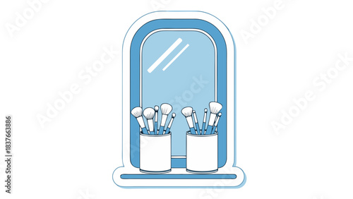 Stylized Illustration Of Makeup Brushes In A Mirror Frame With Blue Tones And Clean Lines Representing Beauty And Cosmetics Organization