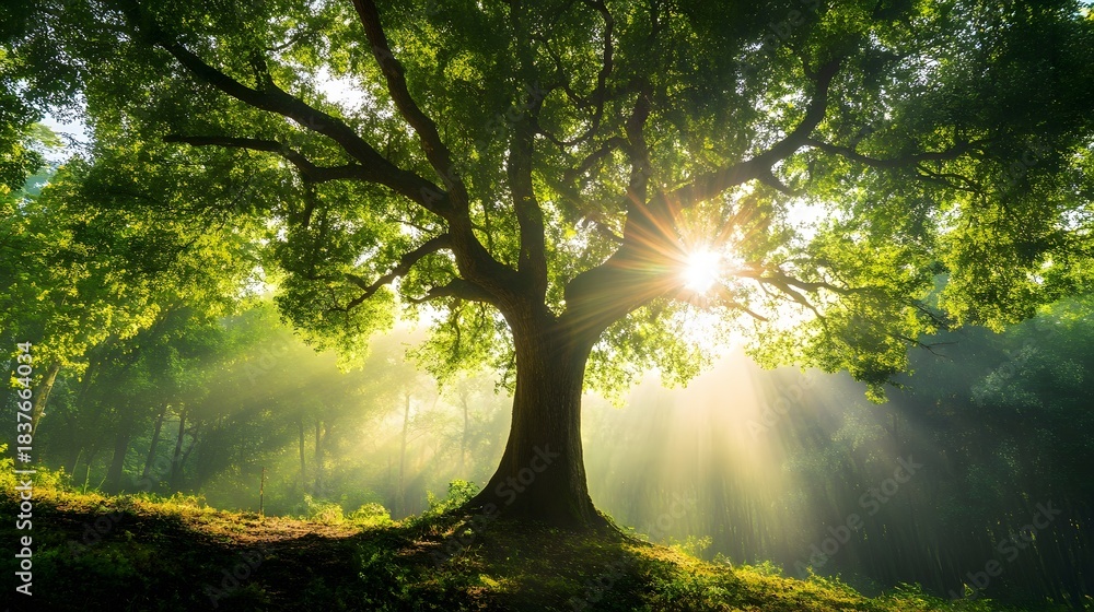 Obraz premium A large tree with lush green leaves stands tall in a misty forest, bathed in the golden rays of the sun.