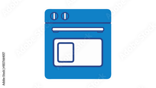Stylized Blue Icon of a Kitchen Oven with a White Window and Control Knobs on a Black Background Representing Cooking Appliances