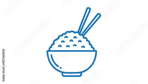 Stylized blue outline illustration of a bowl of rice with chopsticks against a plain black background symbolizing Asian cuisine and healthy eating