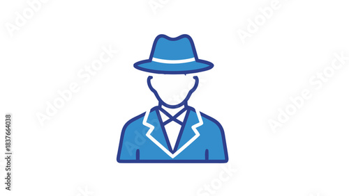 Stylized Blue Silhouette Icon of a Man in a Fedora Hat and Suit with a White Shirt and Tie Against a Black Background Representing a Generic Figure or Persona