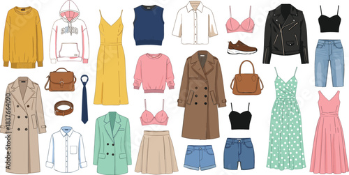 Diverse Collection of Modern and Vintage Women's Fashion Apparel and Accessories Vector Set, Including Outerwear, Dresses, and Casual Wear