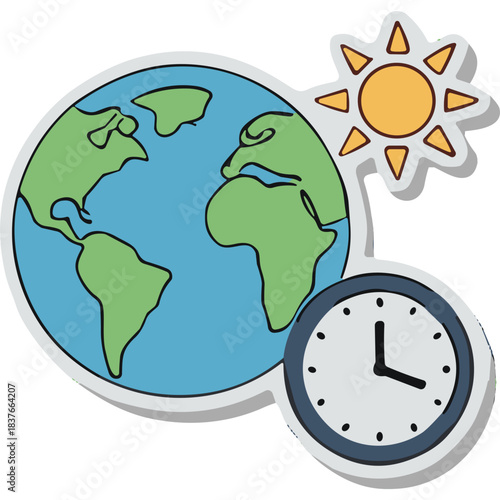Stylized illustration of planet Earth with a clock and sun showing concept of time zones and global time around the world