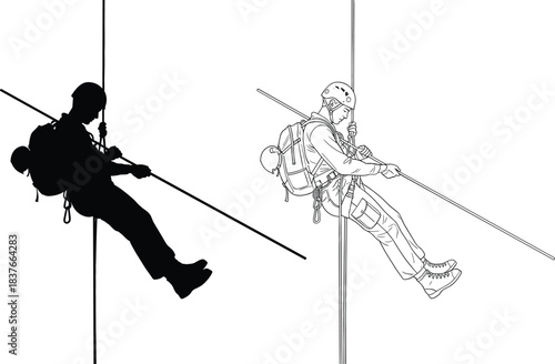 Adventurous Man Rappelling Down a Rope Vector Silhouette and Outline, Representing Extreme Sports, Climbing, Rescue, and Outdoor Challenge