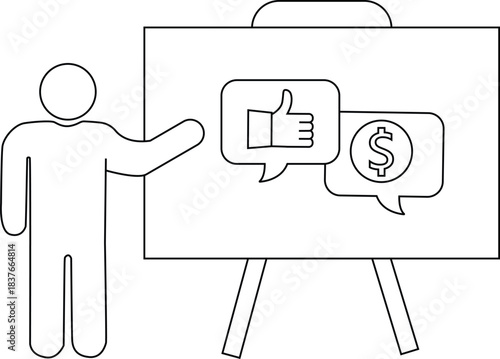 Figure presents a board with a thumbsup and dollar sign in speech bubbles on an easel