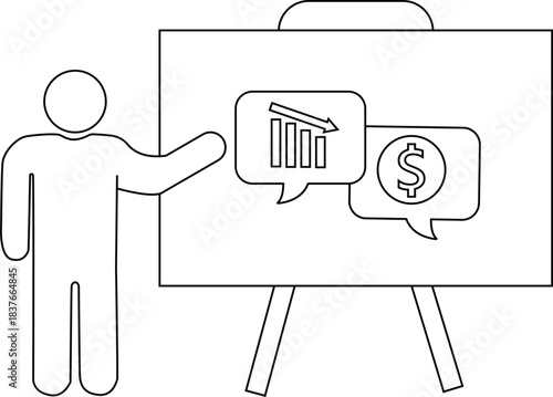 Line art of a person presenting a whiteboard with speech bubbles showing a declining graph and a dollar sign