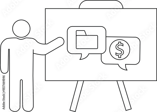 Line art shows a figure presenting a chart with folder  money icons likely related to business or finance