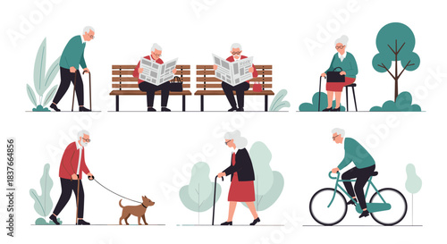 Collection of active senior citizens enjoying their retirement with activities like walking a dog reading and riding a bicycle.