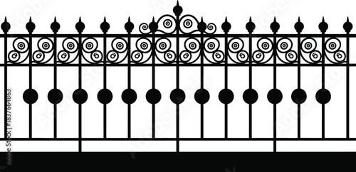 Elegant Black Wrought Iron Fence Vector Silhouette with Vintage Ornate Swirls, Perfect for Architectural, Security, and Victorian Design Projects