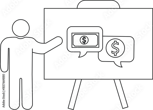 Line drawing figure points to board with money icons