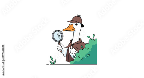 Funny cartoon goose detective wearing a Sherlock Holmes hat and cape investigates with a magnifying glass while hiding in a bush.