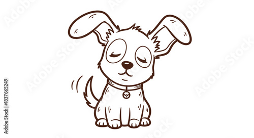 Adorable hand-drawn puppy with big floppy ears and a wagging tail sits with its eyes closed in a cute and happy sketch style.