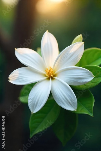 A close-up shot of a blooming jasmine flower, its delicate petals unfurling, releasing a sweet fragrance into the air The image evokes feelings of serenity and natural beauty , white, spring