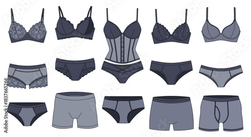 Collection of various men's and women's underwear types including bras panties boxer briefs and a corset in a flat design style.