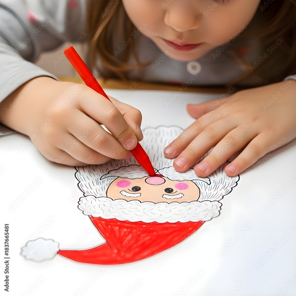 Fototapeta premium Macro close-up of a young girl’s tiny hands drawing Santa on white paper with bright crayons, focusing on Santa’s red hat, fluffy beard, and playful festive details.