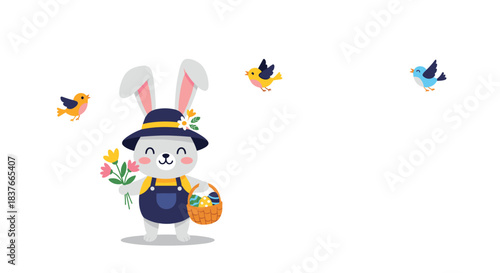 Cheerful Easter bunny character in a hat and overalls holds a basket of eggs and flowers with little birds flying happily around.