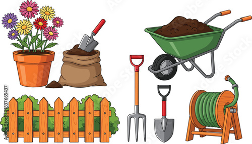 Essential Collection of Gardening Tools and Equipment for Springtime Hobby and Landscaping Projects Including Flower Pots and Wheelbarrow