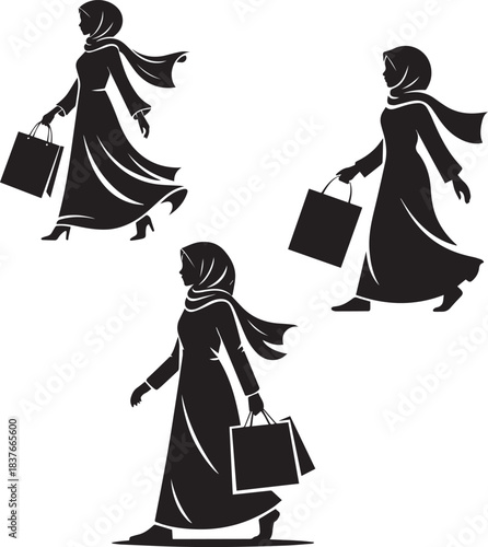 Silhouette of woman in abaya walking with shopping bags vector design