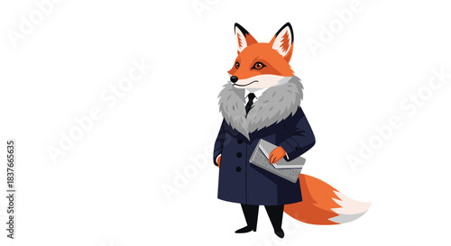 Elegant and sophisticated cartoon fox character dressed in a stylish winter coat with a fur collar holds a fashionable silver clutch.