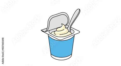Simple line art illustration of a plastic yogurt cup with the foil lid peeled back and a small spoon ready for a healthy snack.