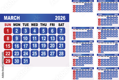 2026 Calendar Grid with March Highlighted and Monthly Views january february