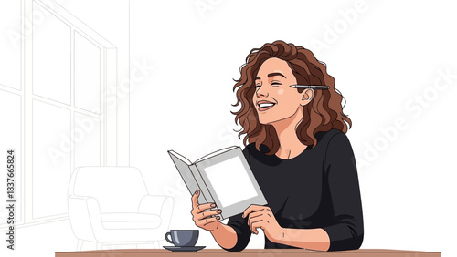 A woman reads a book with a pen behind her ear, smiling near a coffee cup in a cozy space