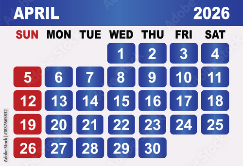 April 2026 Calendar Grid With Red Sundays And Blue Weekdays planner