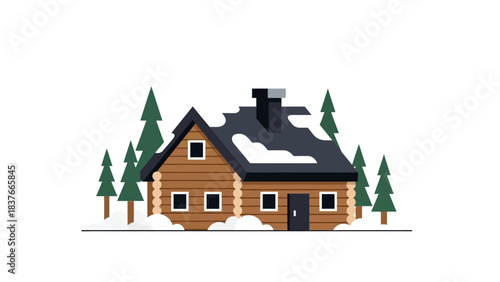 A wood cabin illustration sits in the snow surrounded by evergreen trees on a white background with a black roof