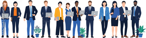 A diverse professional business team concept flat vector illustration, featuring men and women holding laptops, representing a modern, collaborative, and global workforce